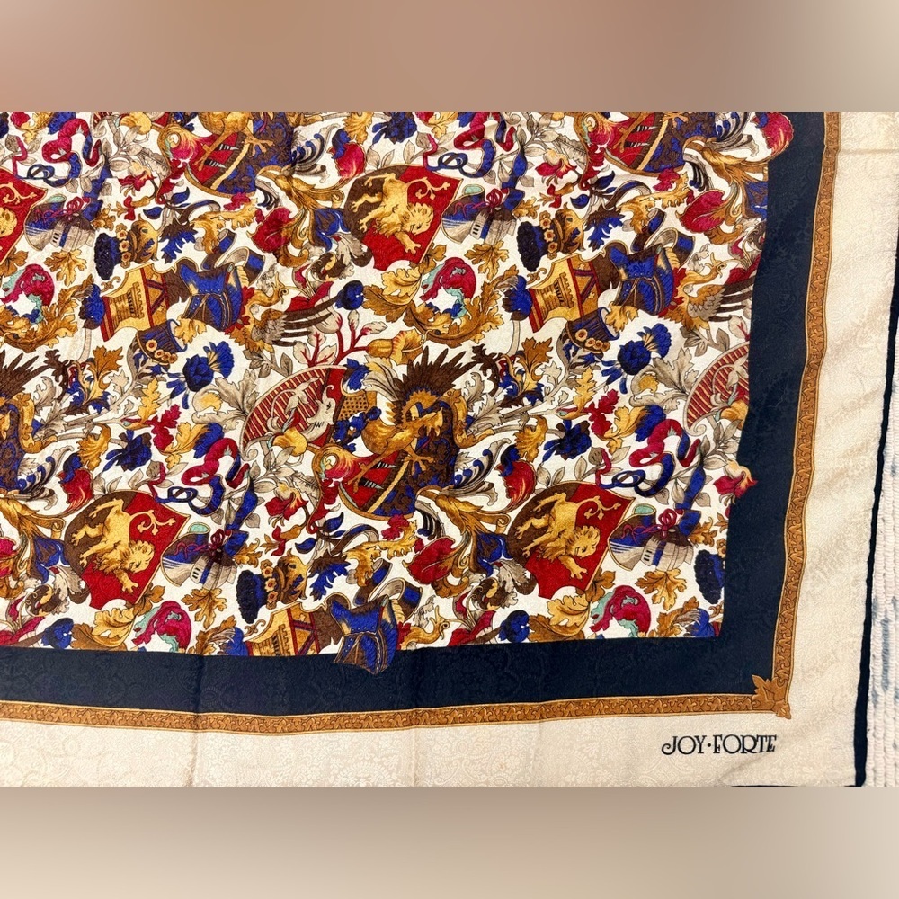 JOY FORTE Vintage 80’s 100% Silk Heraldic Crest Lion Coat Arms Multicolor Scarf - Picture 3 of 14
